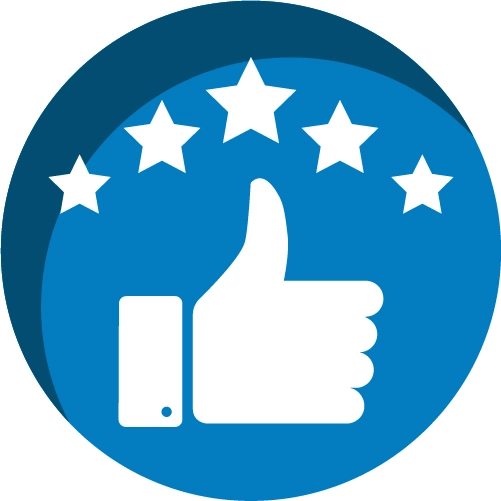 Blue thumbs up icon with five stars above the thumb