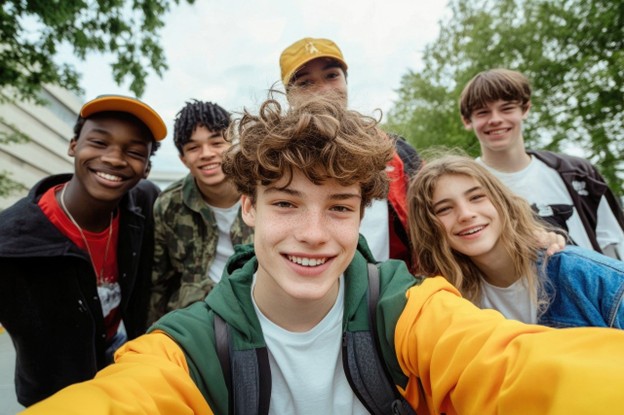 A group of young teens smiles at the camera in an outdoor setting