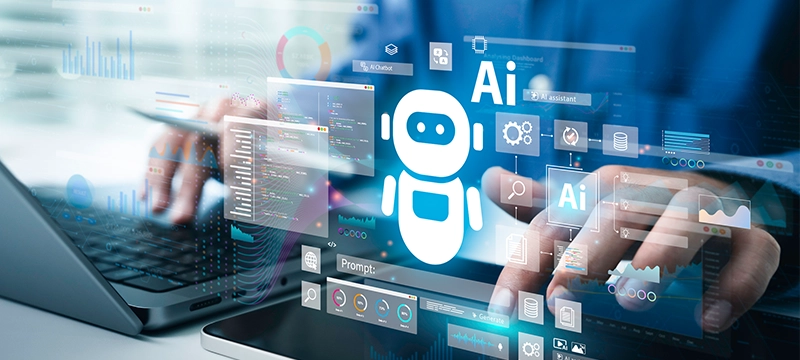 AI concept, a man typing with overlay of a robot symbol and AI symbols