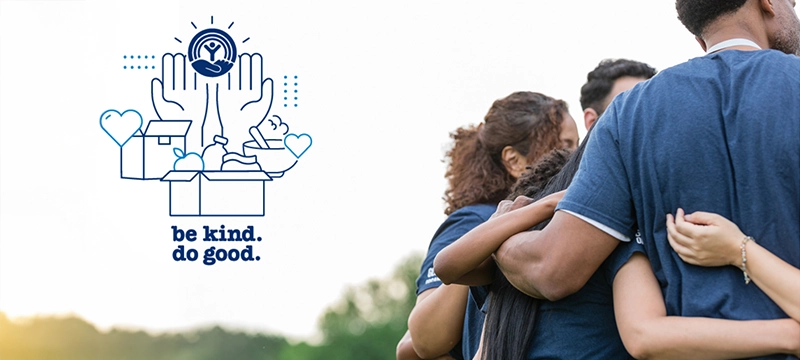 PAR logo with "Be Kind Do Good" over an image of people volunteering and interlocking arms